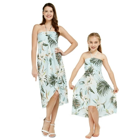 

Matching Hawaiian Luau Mother Daughter Halter Dress in Wispy Cereus Black