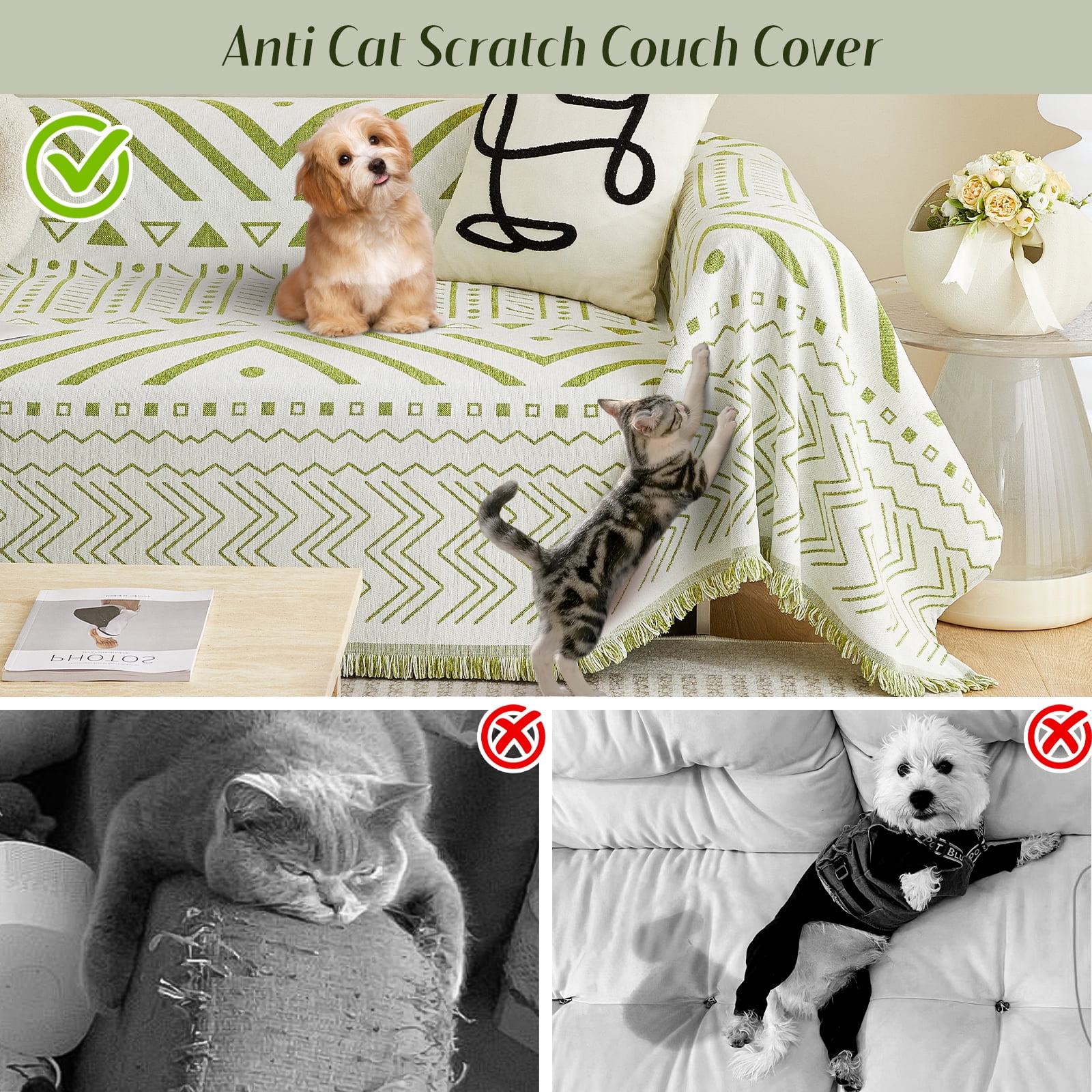 WOOW DEPOT Boho Chenille Sofa Cover Reversible w/ Tassel, Washable Throw Blanket L Shape Slipcover for 2 Cushion Couch, Sage Green & White Geometric, 71"x118"