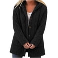thumbnail image 2 of Women's Fuzzy Fleece Hooded Coat , Button Front Long Sleeve Loose Mid Length Loungewear Cardigan Winter Warm Jacket with Pockets Black M, 2 of 8
