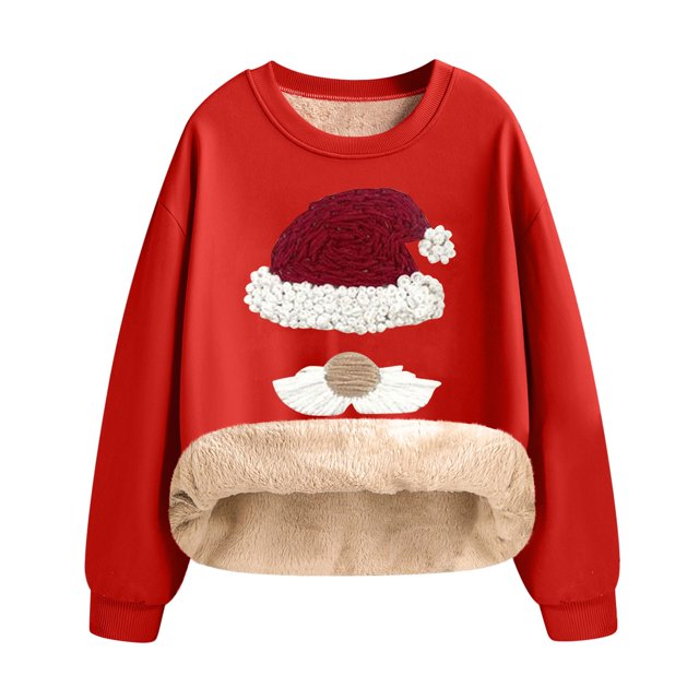 Diufon Chandails en Molleton de Noël pour Femmes en Polaire Épaissie Chaude à Manches Longues Col Rond Pull Imprimé Mignon