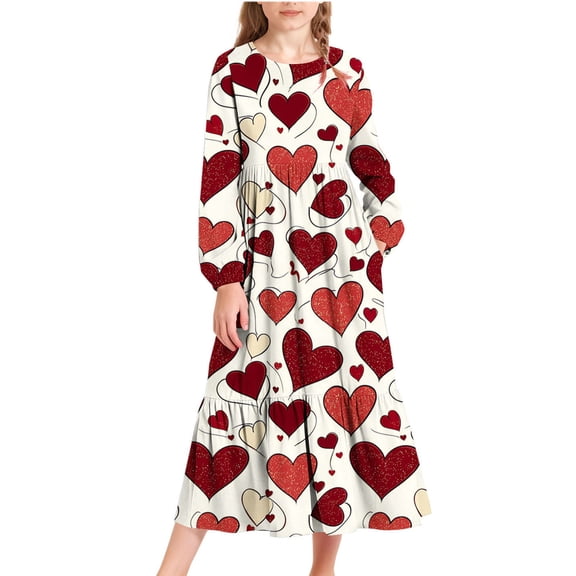 Babcutegg Kid Girls Dresses Crew Neck Knee Length Valentine's Day Casual Fashion Side Pockets Fall and Spring Dresses for Girls Pink Size 10-11