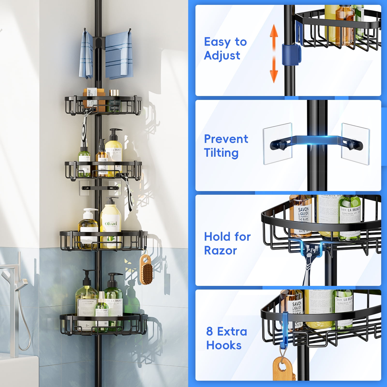 Auledio Corner Shower Caddy Tension Pole - 62-115INCH - 4-Tier Rustproof Bathroom Organizer Shelves, Adjustable Bathtub Tub Shampoo Storage