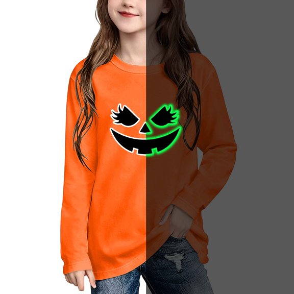 Xdegoge Girls Glow in the Dark Pumpkin Face Crewneck Sweatshirt, Kids Long Sleeve Happy Halloween Fall Casual Pullover Tops for Daily Holiday Wear