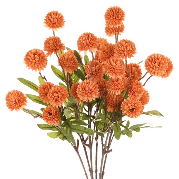Uxcell 6 Paquete de Flores de Bola de Crisantemo Artificial 20.08 pulgadas 5 cabezas Ramo de Crisantemo de Seda Naranja