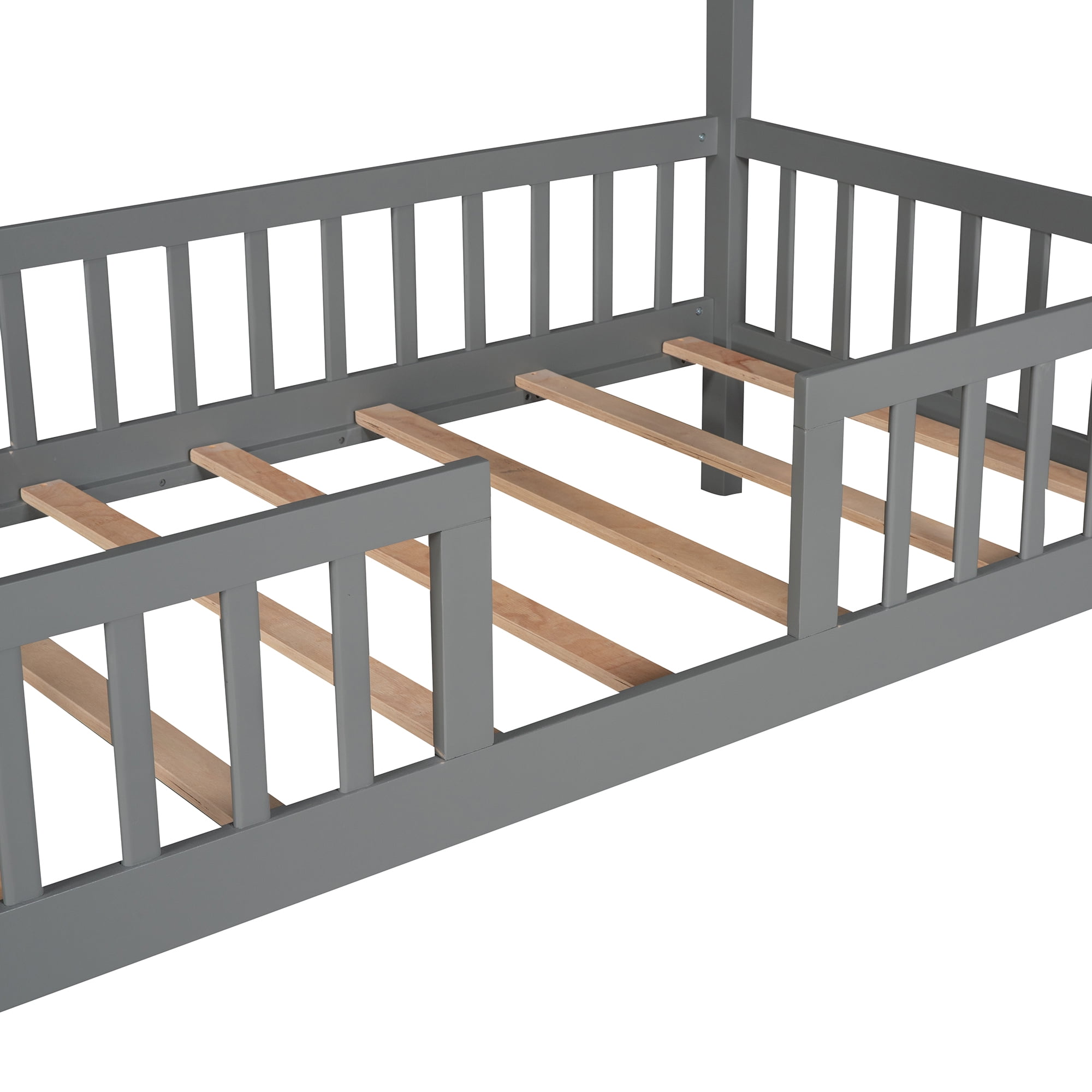 Aukfa Twin House Bed with Fence and Roof, Wood Montessori Bed for Kids, Teens - Gray