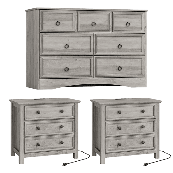 LGHM 3 Piece Bedroom Dresser Set, Modern Farmhouse 7 Drawer Dresser and 2 Pcs Nightstand with 3 Drawers & Charging Station, Gray Wash