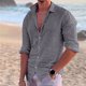 thumbnail image 2 of Camisas Y Playeras Camisa casual con botones para hombre Camisa de cambray de lino de manga larga (Grey, S), 2 of 4
