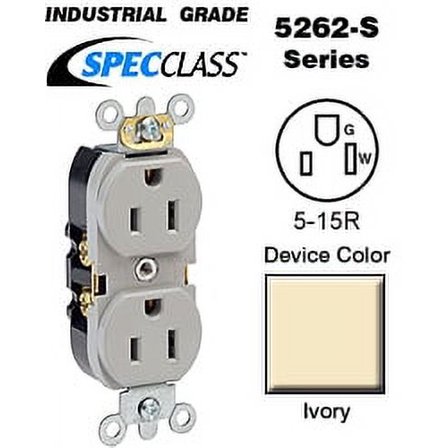 Leviton 5262-SI Duplex Receptacle Contractor Pack Industrial Grade 5-15R 15A 125V BandS 8 Hole Feed-Thru Wired - Ivory (Contactor Pack of 10)