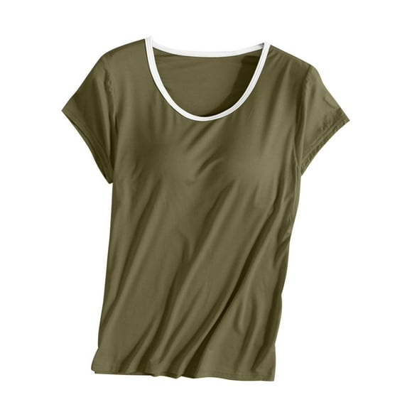 JIUKE Womens Pajamas Tops with Built in Bra Short Sleeve Crew Neck Base Layered Top Casual Comfy Homewear