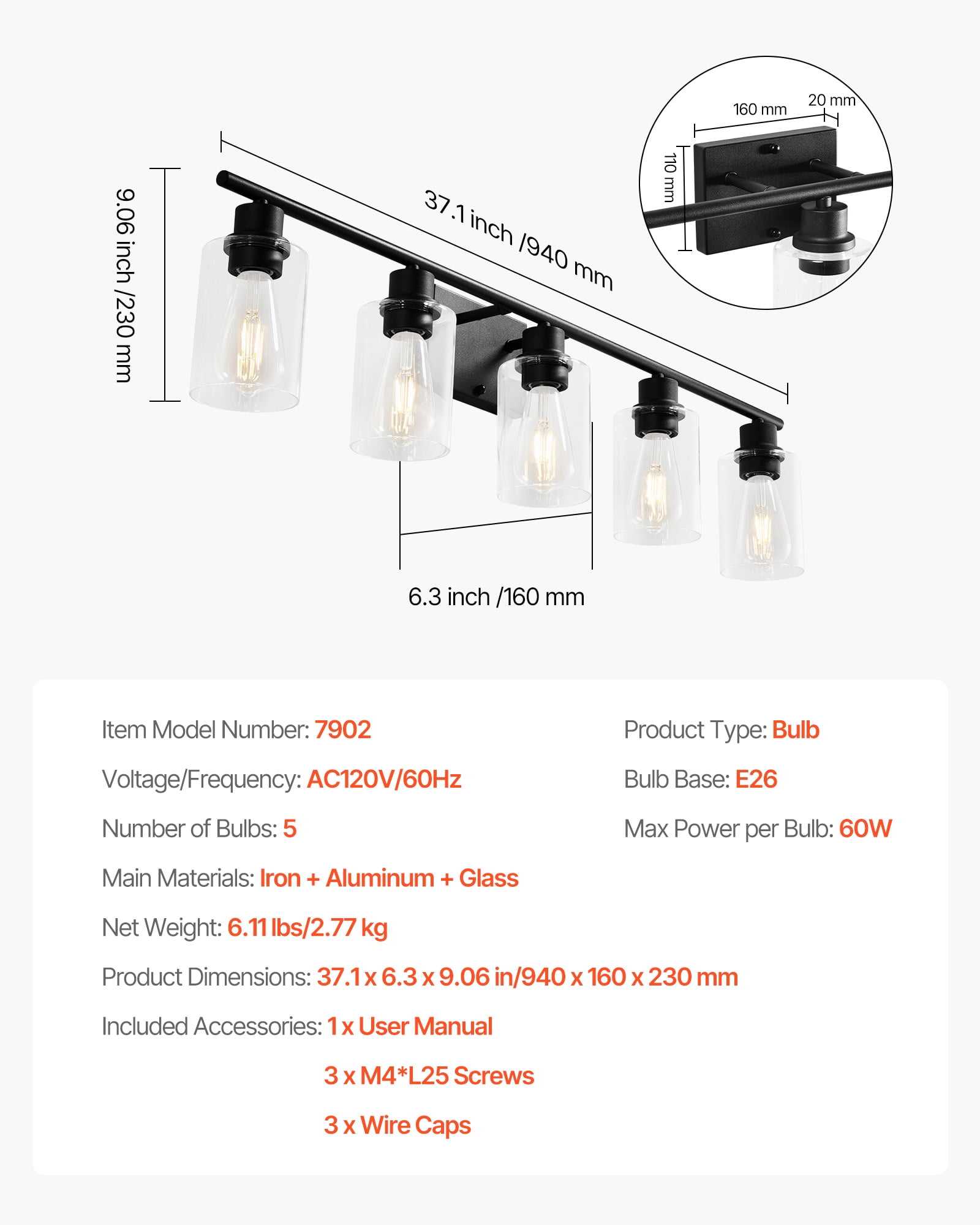 VEVOR 5-Light Bathroom Vanity Lights, 37.1-Inch, Modern Light Fixtures Above Mirror with Clear Glass Shade, 60W, Wall Lighting for Bathroom, Living Room, Bedroom, Hallway, E26 Base