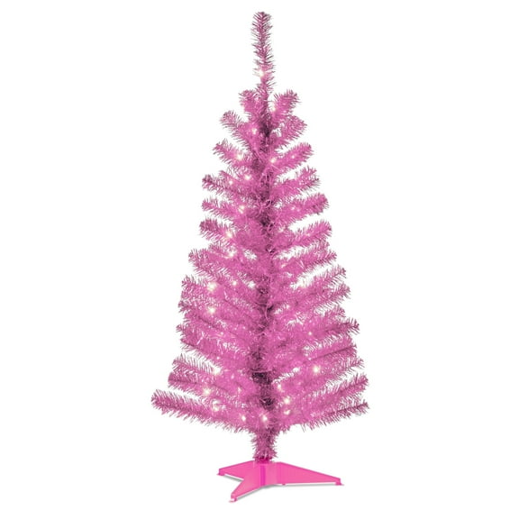 National Tree Company Pre-Lit Artificial Christmas Tree, Pink Tinsel, Clear Lights, Includes Stand, 4 Feet