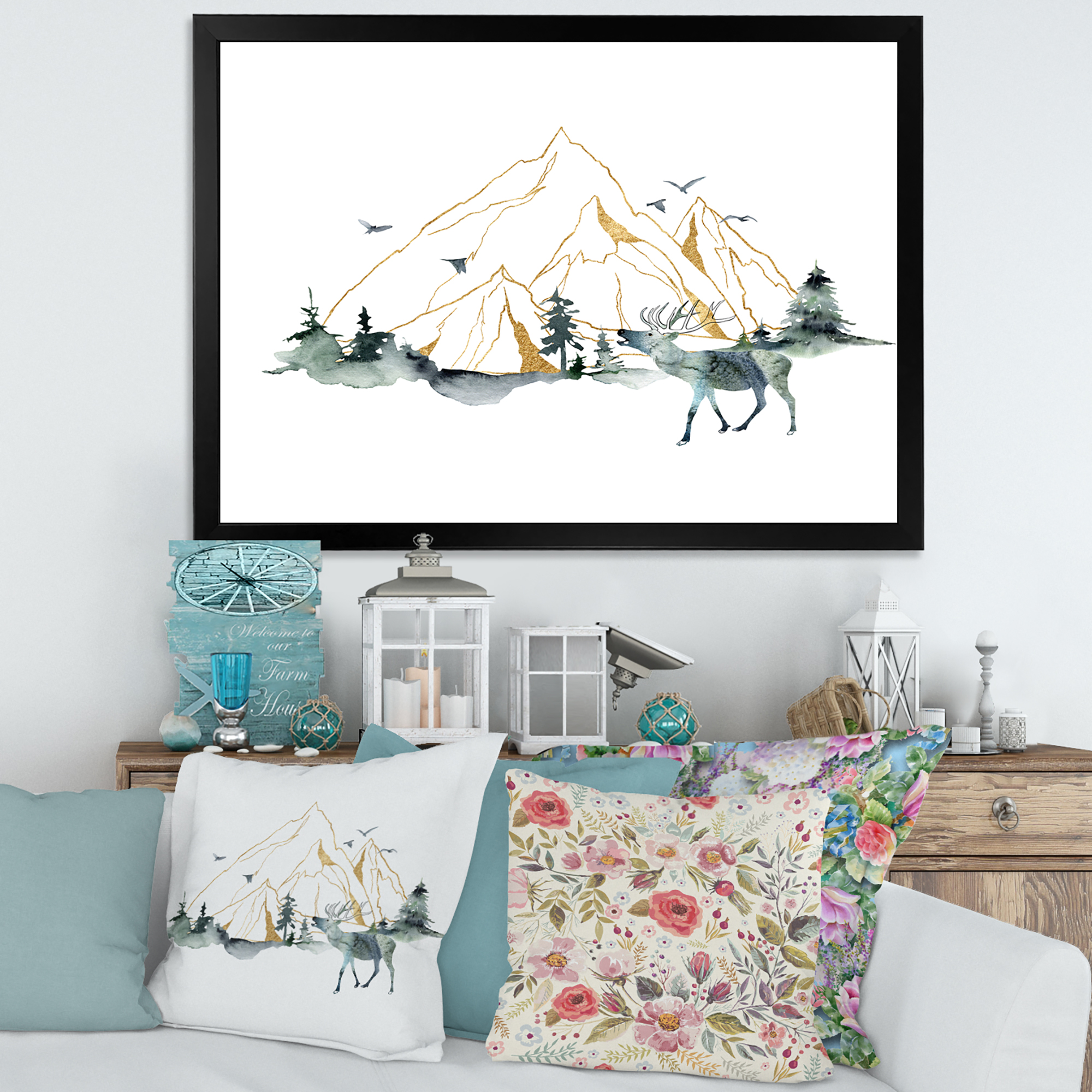 Designart 'Minimalistic Landscape of Forest Deer and Mountains' Modern Framed Art Print
