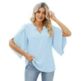 thumbnail image 4 of Women'S Casual Chiffon Blouse Tops 3/4 Ruffled Sleeve V Neck Loose Fit Blouses Shirts Light Blue S, 4 of 6