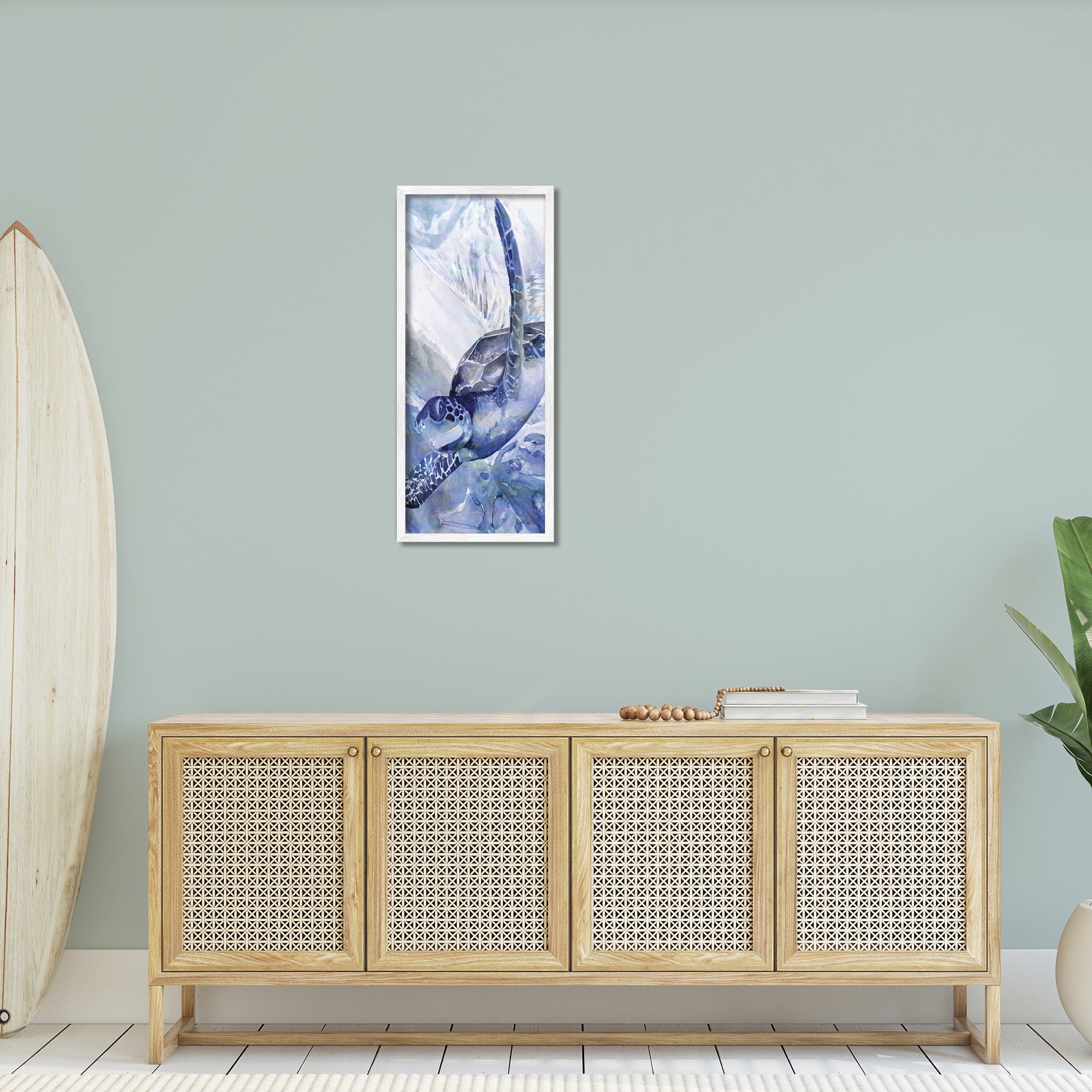 Stupell Industries Sea Turtle Swimming In Ocean Animals & Insects Painting White Framed Art Print Wall Art, 13 x 30