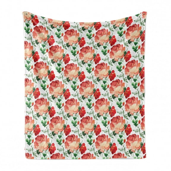 Floral Soft Flannel Fleece Blanket, Traditional Russian Style Flourishing Roses and Flower Buds with Green Leaves Design, Cozy Plush for Indoor and Outdoor Use, 50" x 70", Multicolor, by Ambesonne