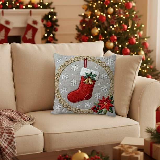 Seyotauo Christmas Linen Pillow Cover 18x18 inch with Imitation Embroidery Festive Patterns Cover for Farmhouse Bedroom Sofa Home Decor,Flax Craft for Christmas Pillow Cover,Hidden Zipper Easy to Use