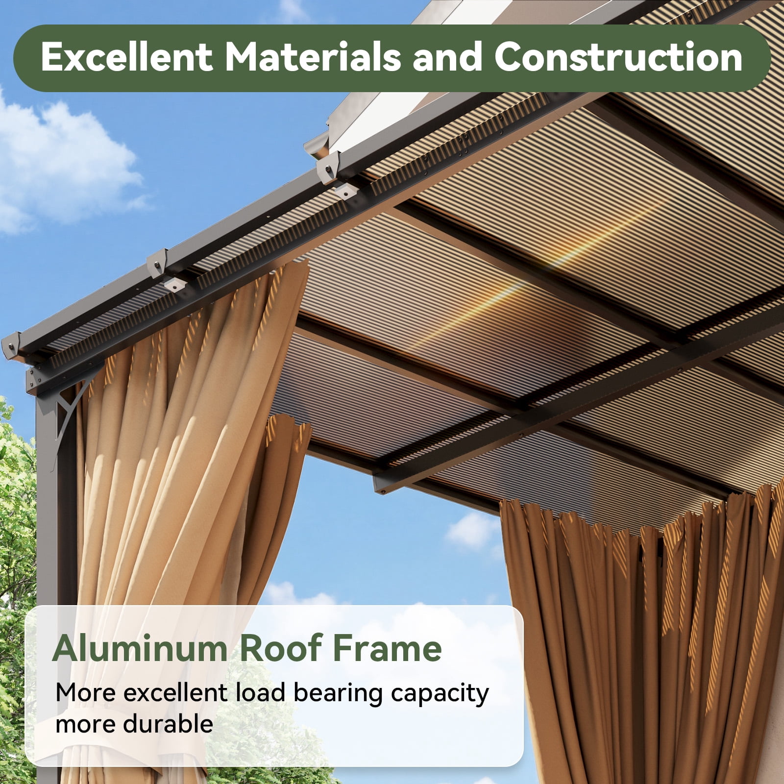 Aoxun 10'x12' Lean to Gazebo with Mosquito Net and Curtains, Aluminum Frame, Polycarbonate Panel, Wall Mounted Pergola with Sloped Roof for Backyard, Porch, Deck