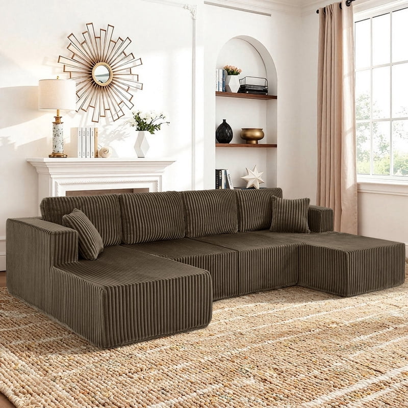 161" Oversized U Shaped Modular Sectional Sofa, Compressed Sofa in a Box, Modern Corduroy Deep Seat Couch, No Assembly Large Sectional Sofa for Living Room, Apartment, Bedroom, Brown
