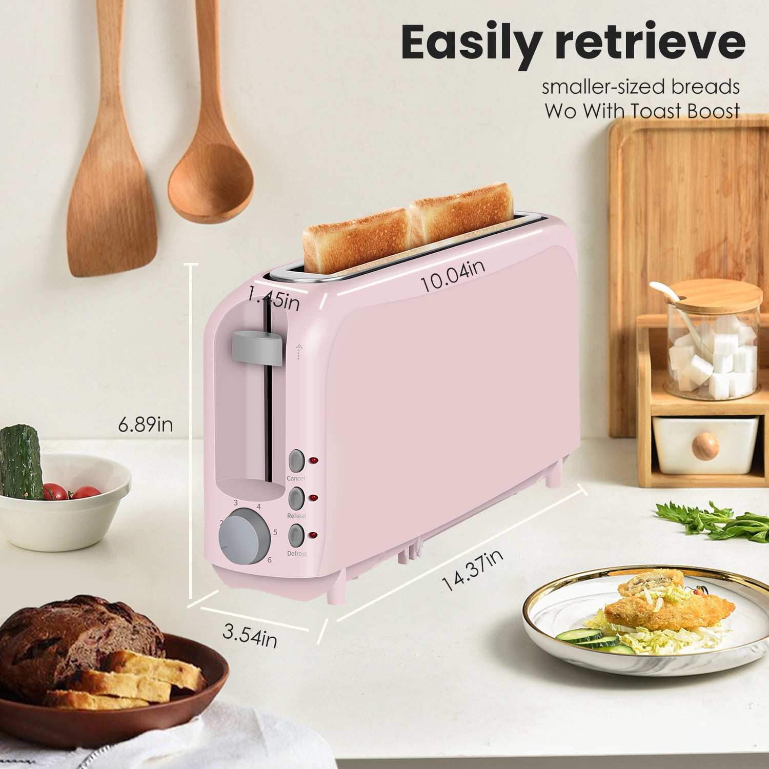 Slim 2-Slice Toaster, 10" Long Slot,6 Shade Settings with Cancel, Reheat & Defrost, Auto Shut off, Removable Crumb Tray，Pink