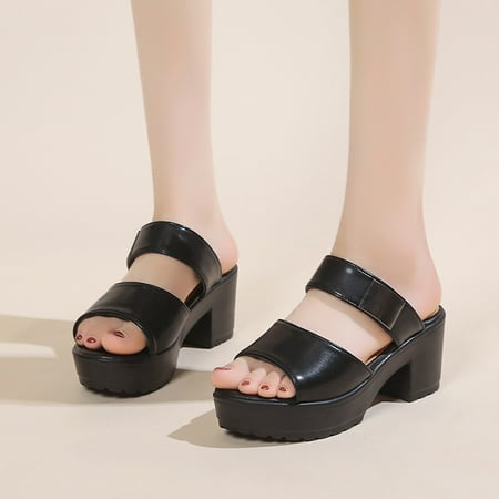 

FAKKDUK Women s Thick Two Strap Heeled Slide Womens Heeled Sandals Strappy Square Open Toe Heels Backless Mules Slip On Block Heels 7.5&Black