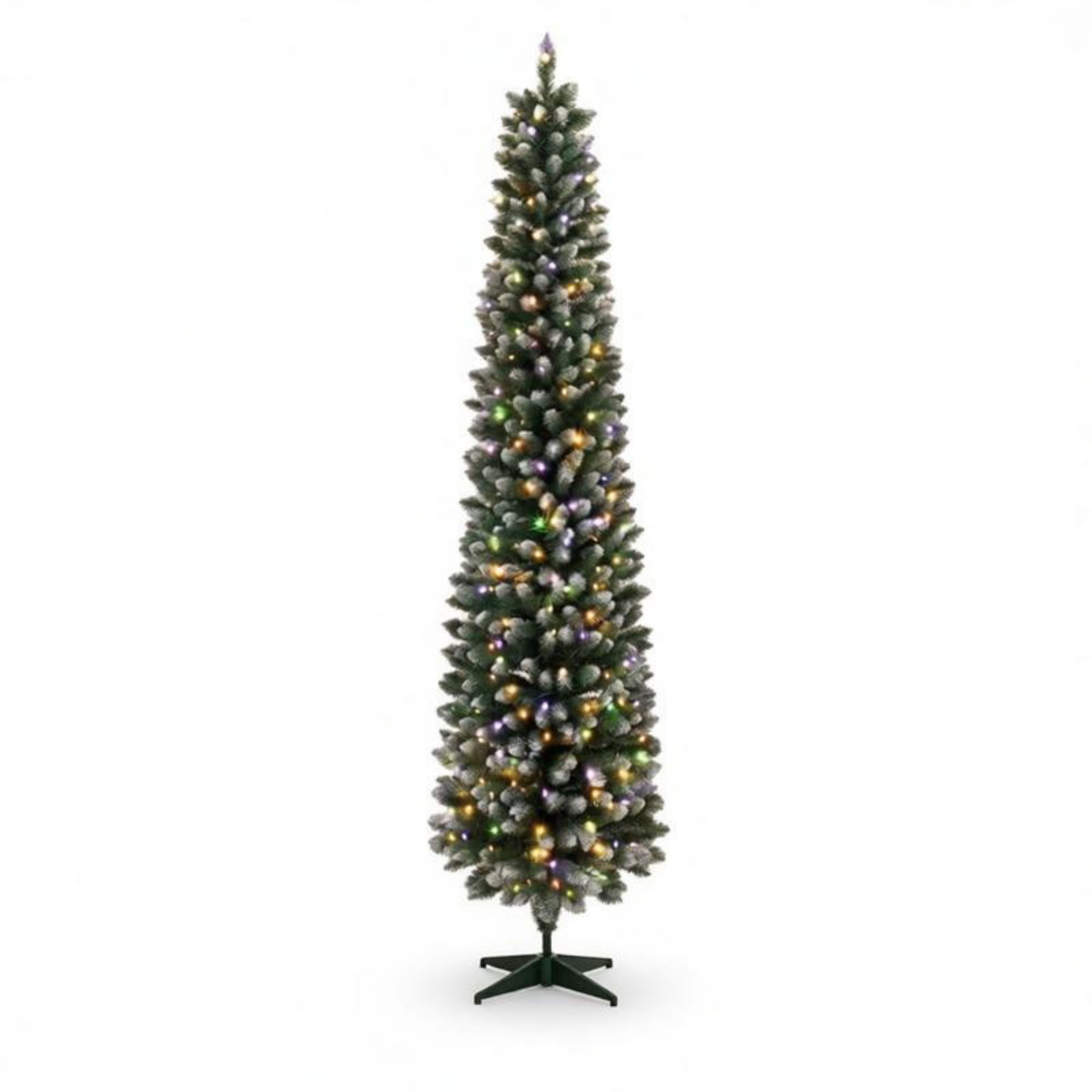 Pre-Lit Pencil Christmas Tree, 8 ft Slim Frosted Fir with 300 Dual-Color LED Lights, 11 Lighting Modes, Remote Control, 445 Branch Tips, PVC and Steel, for Small Rooms and Entryways