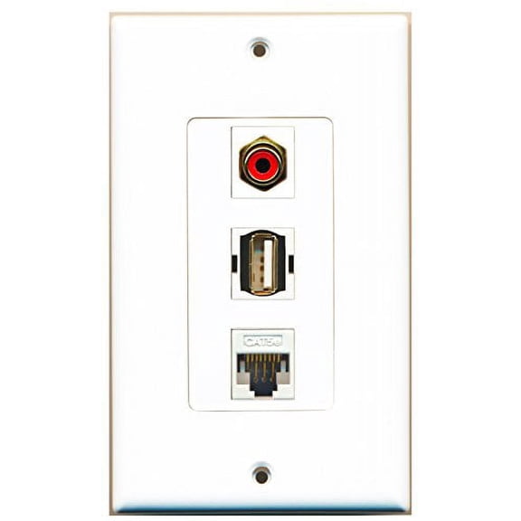 RiteAV - 1 Port RCA Red and 1 Port USB A-A and 1 Port Cat5e Ethernet White Decorative Wall Plate Decorative