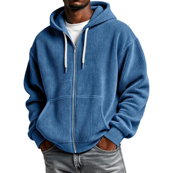 WULMLEO Waffle Knit Hoodies for Men Full Zip Drawstring Hooded Sweatshirts with Pocket Lightweight Loose Fit Athletic Jackets Blue L