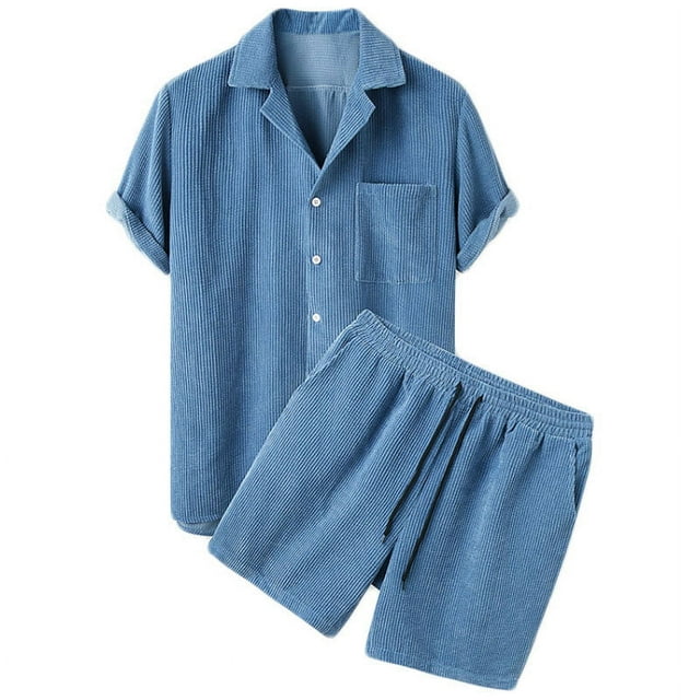 Cameland Ensemble pour Hommes 2 Pcs Été Décontracté Col Rabattu Bouton Haut Taille Élastique Short Costume