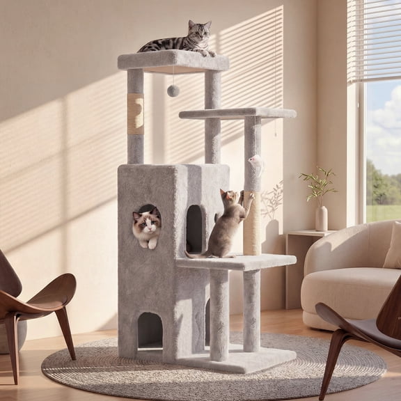 50 in Cat Tree Tower for Large Cats - Tall Cat Cando with Scratching Posts & Dangling Toys for Indoor Cats, Light Gray, 23.20 x 21.60 x 50.00 in