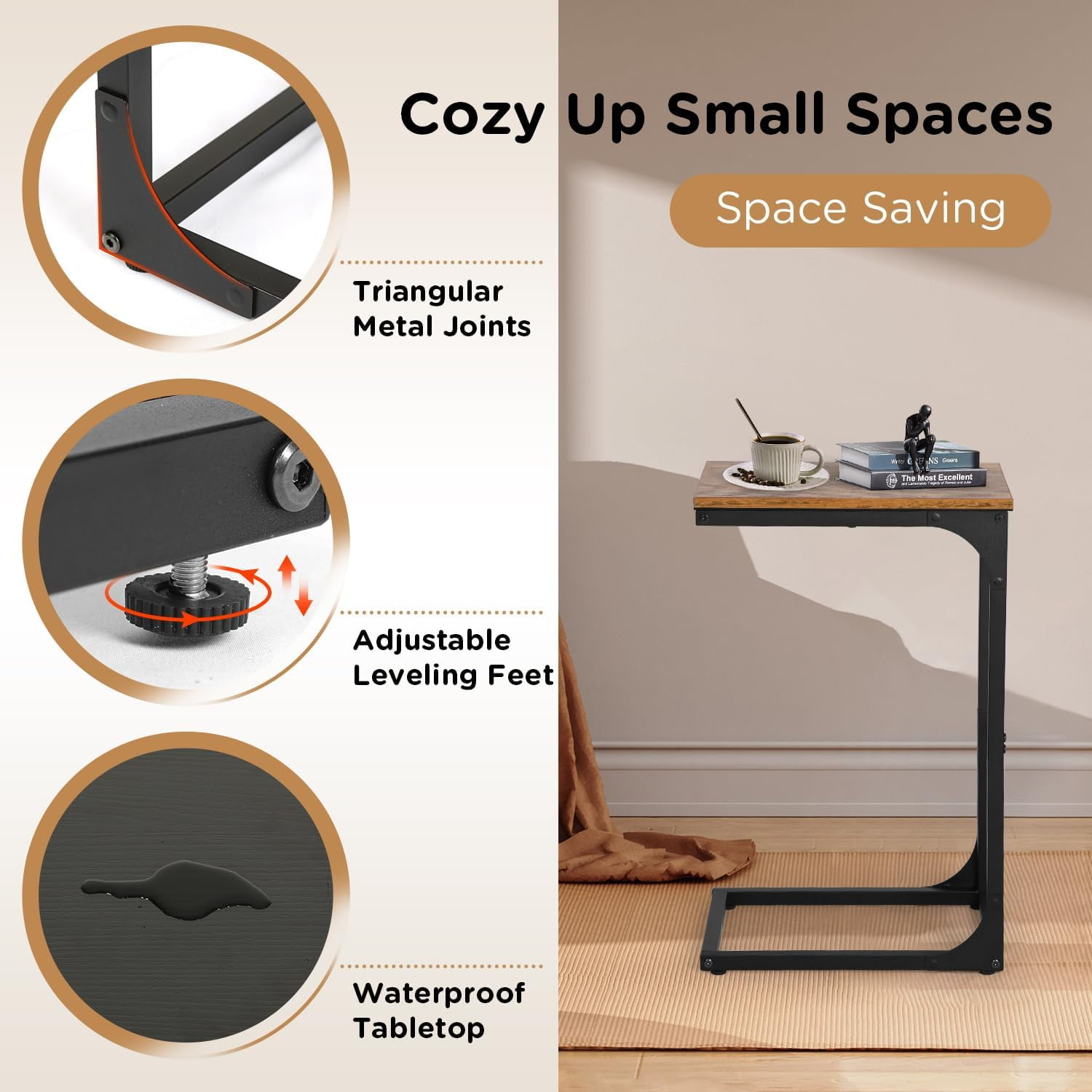 Dkelincs Set of 2 C Shaped Metal End Table with Adjustable Feet, Small Sofa Couch Side Table for Living Room Bedroom, Brown