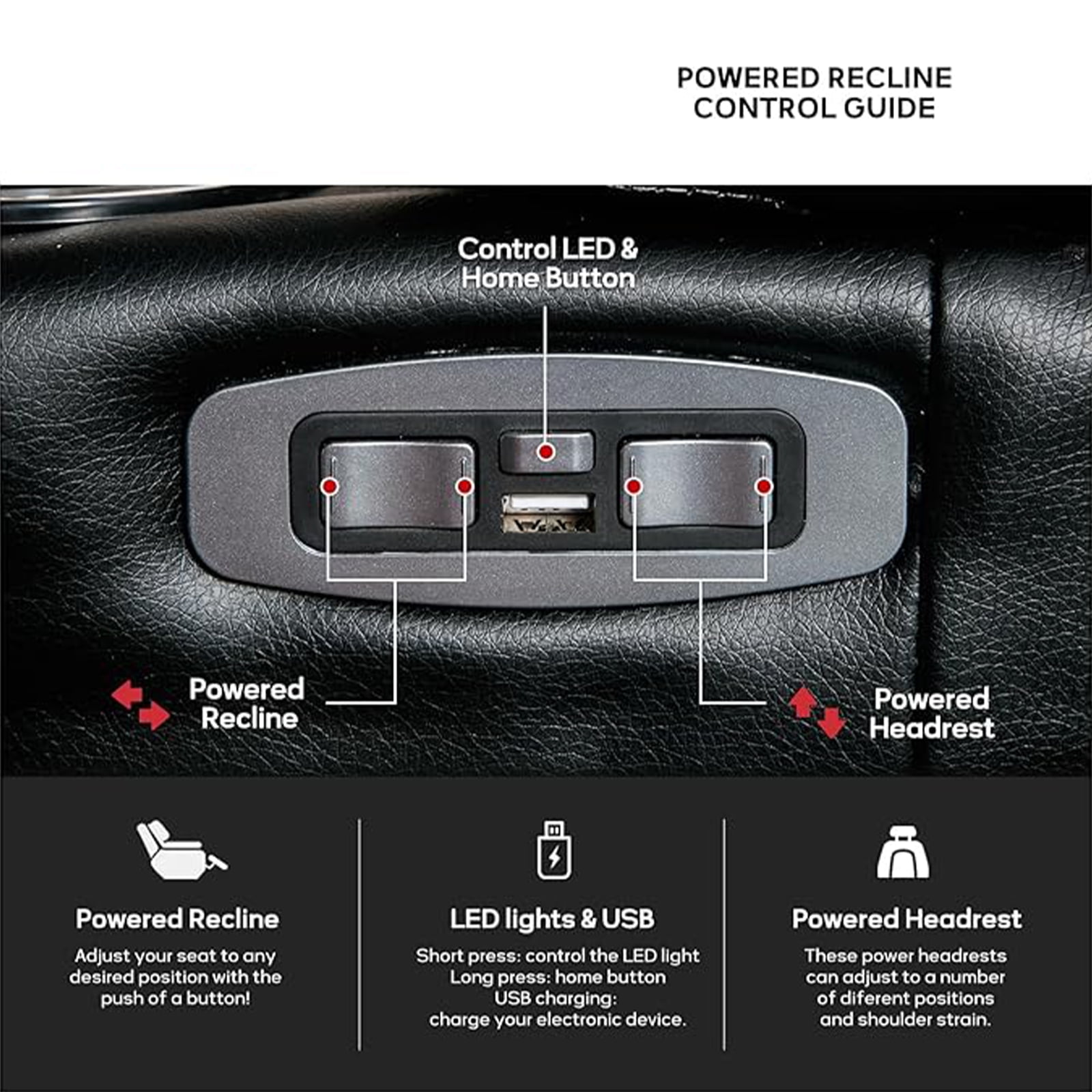Bonzy Home Power Controlled Electric Recliner with Adjustable Headrest & LED Lighting, USB Ports Cup Holders, Home Theater Seating Reclining Chair, Black
