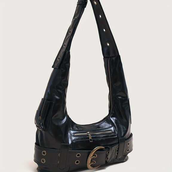 MMYGU Luxurious Retro Y2K Buckle Design Shoulder Bag - Adjustable Strap, Spacious Interior, Durable Motorcycle Bag with Large Capacity for Daily Essentials