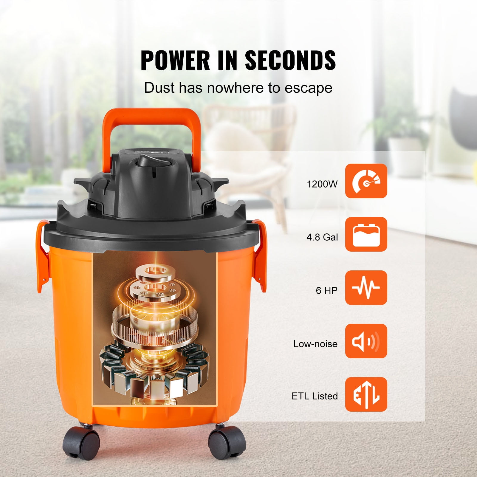 KFFKFF 5 Gallon Wet Dry Vacuum, 6 Peak HP Wet/Dry Vacuum with Strong Suction and Blower Capabilities, Includes 2-in-1 Crevice Tool, Ideal Small Store Vacuum for Carpet Dirt, Pet Fur, and Vehicle