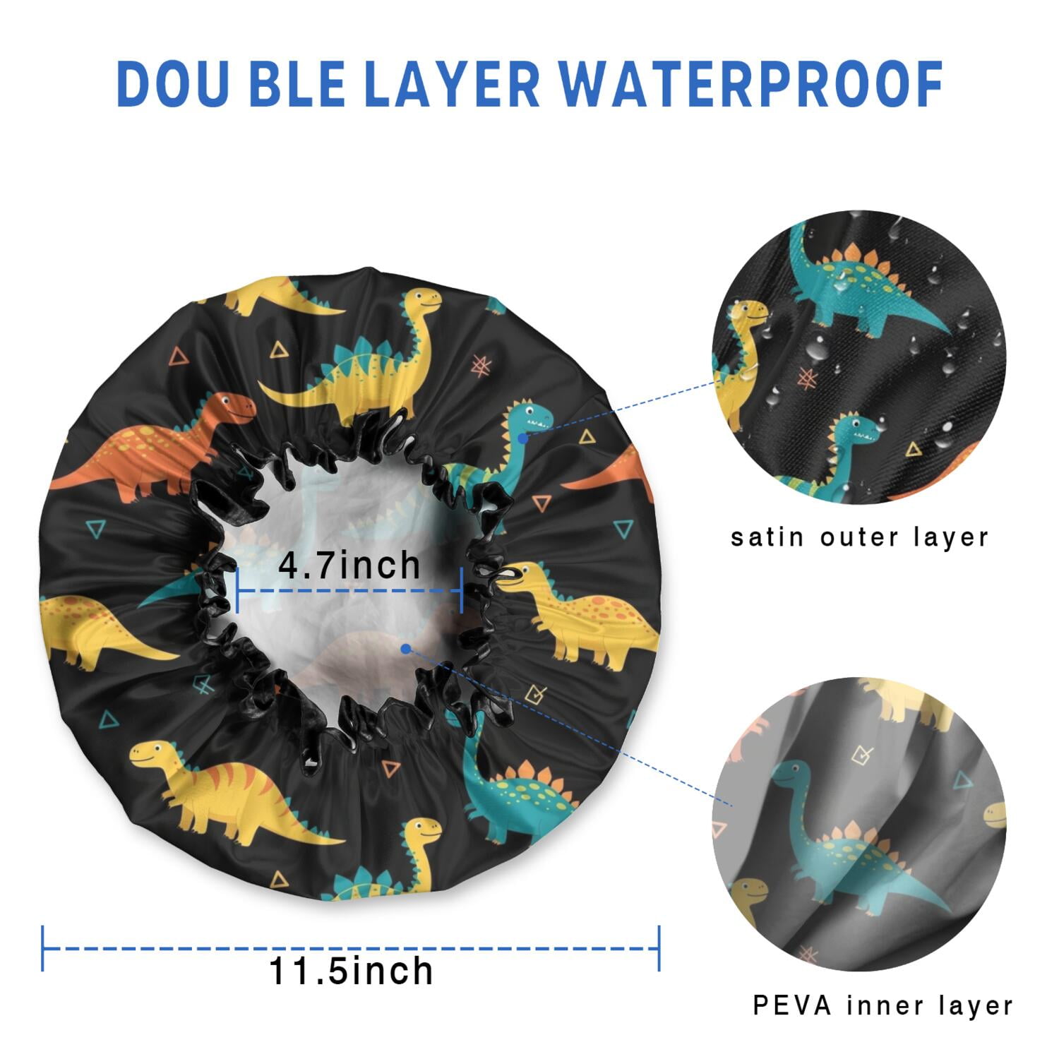 Shower Caps,Black Colorful Dinosaurs Pattern Waterproof Shower Cap for Women 4 Pieces,Double Reusable Hair Cover for Shower PEVA Elastic Stretch Hem