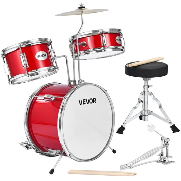 VEVOR Kids Drum Set, 3-Piece 14 in Junior Drum Sets, Beginner Drums Set with Adjustable Throne, Cymbal & Two Pairs of Drumsticks, Musical Learning Drums Instruments Kit, for Children Ages 6-13 (Red)