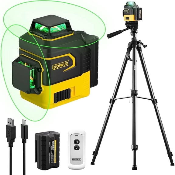 Laser Level with Tripod, 2x360° Self-leveling Green Cross Line, 8 Lines Laser Level Tool with Rechargeable Battery & Type-C Charging Port, Compact Adjustable 1.6M Tripod & Carry Pouch Included
