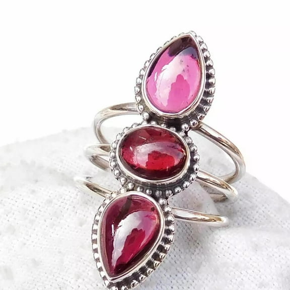 Pink Tourmaline Ring,925 Pure Silver Ring, Triple Stone Ring, Oval &Pear Cut Gemstone Ring, October Birthstone Ring, Designer Silver Jewelry