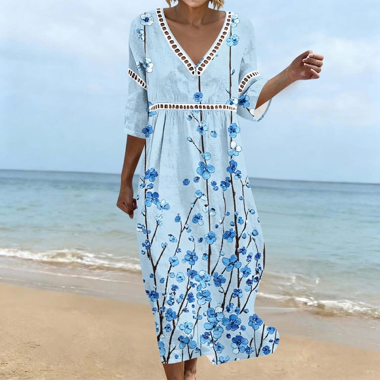Bangwanchi Casual Summer Floral Dress For Women Hollow Trim V Neck 3/4 Sleeve Loose Flowy Midi Dress For Everyday Outings Blue XL, Women's