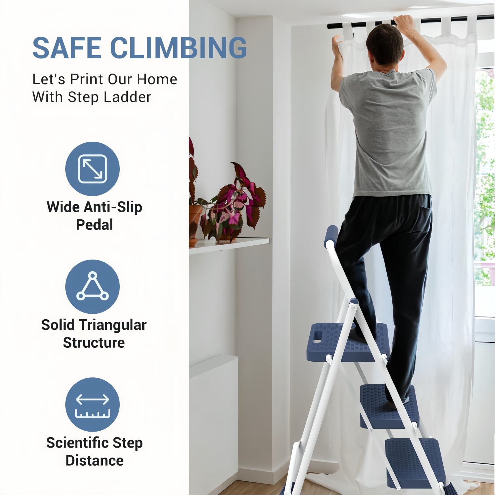 Kelno 3 Step Ladder 800Lbs Capacity Folding Step Stool with Anti Slip Pedals Safety Handrail, Blue White