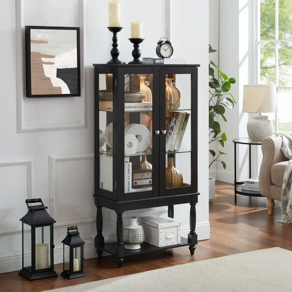 CKEASEAN 48"H Curio Cabinet, Lighted Curio Display Cabinet with Open Storage Space, Tempered Glass Doors and Acrylic Mirrored Back Panel, Rack for Living room (Bulb Not Included)