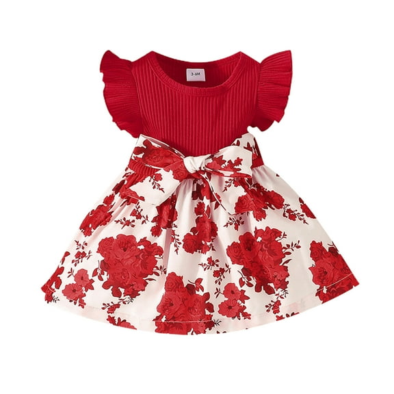 Zwiiyzr Girl'S Floral Print Ruffle Cap Sleeve Round Neck Bow Knot Pleated A Line Swing Party Princess Dresses Red
