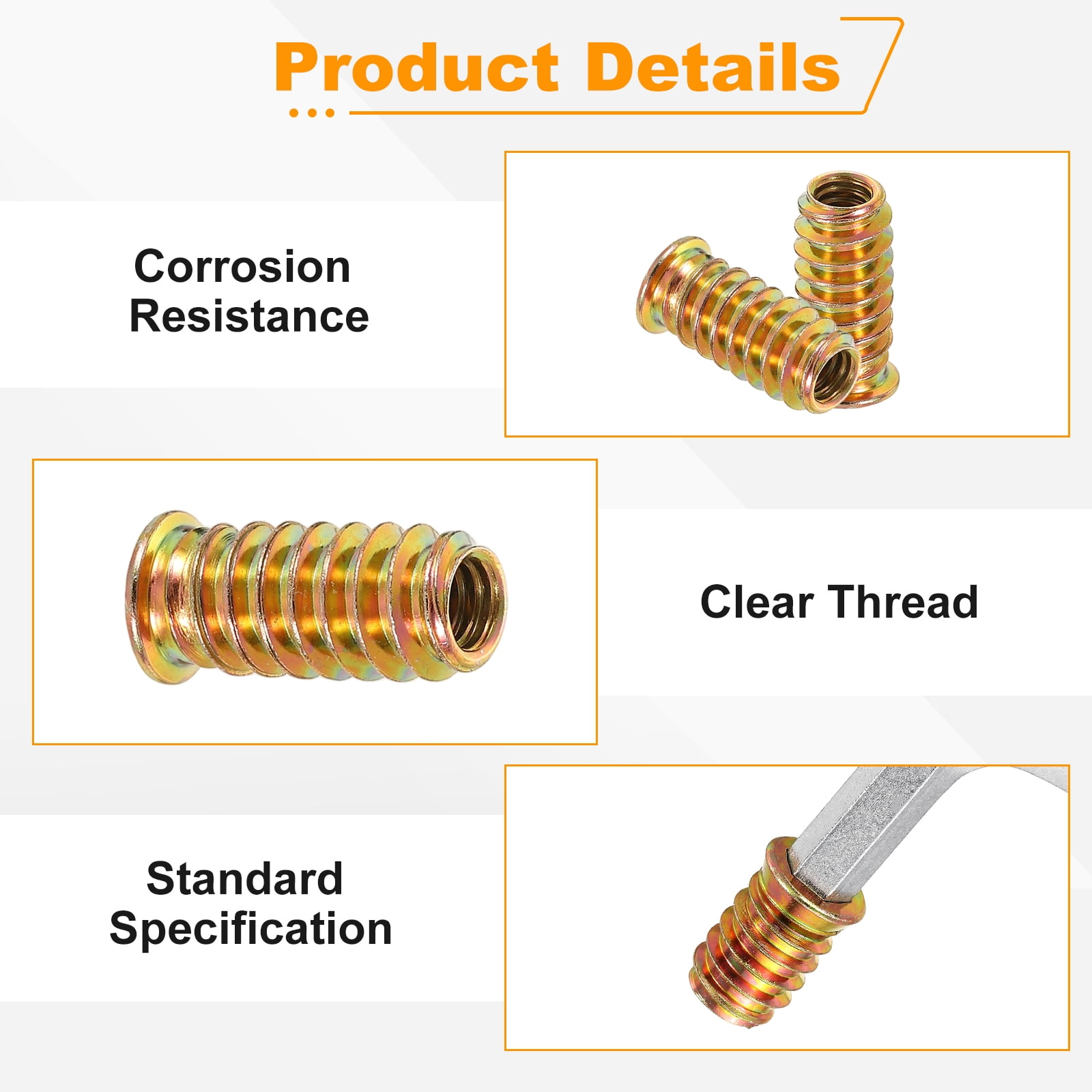 100 Pcs Threaded Insert for Wood, 1/4 - 20 Threaded Studs 25mm Length, Gold