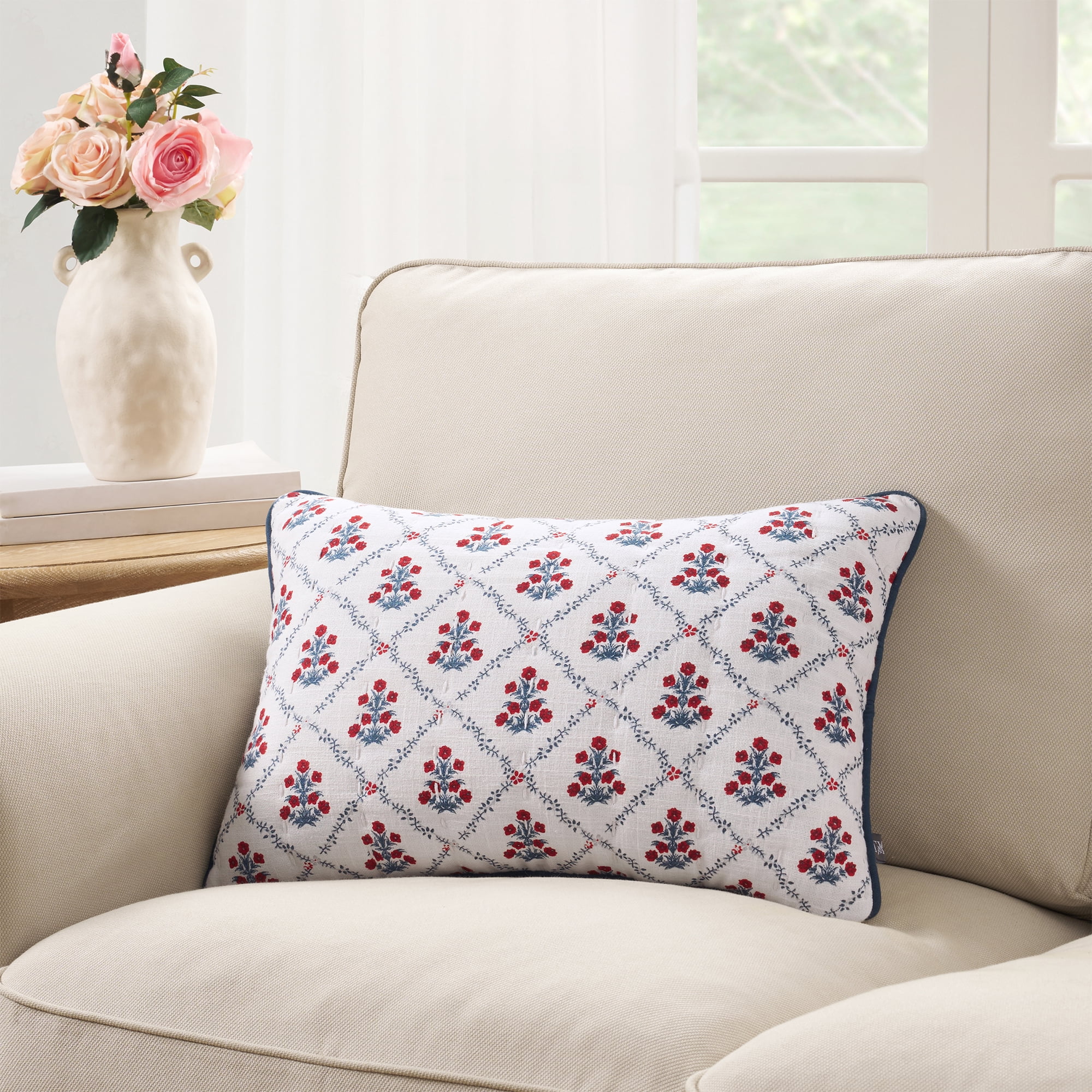 Poppy Trellis Decorative Pillow, Red/White/Blue, 19" x 13", by My Texas House