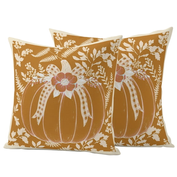 Orange Fall Pumpkins Outdoor Waterproof Pillow Covers, Thanksgiving Floral Botanical Foliage Decorative Square Throw Pillowcase Sofa Cushion Sham for Patio/Couch/Chair, 18"x18" 2 Pack