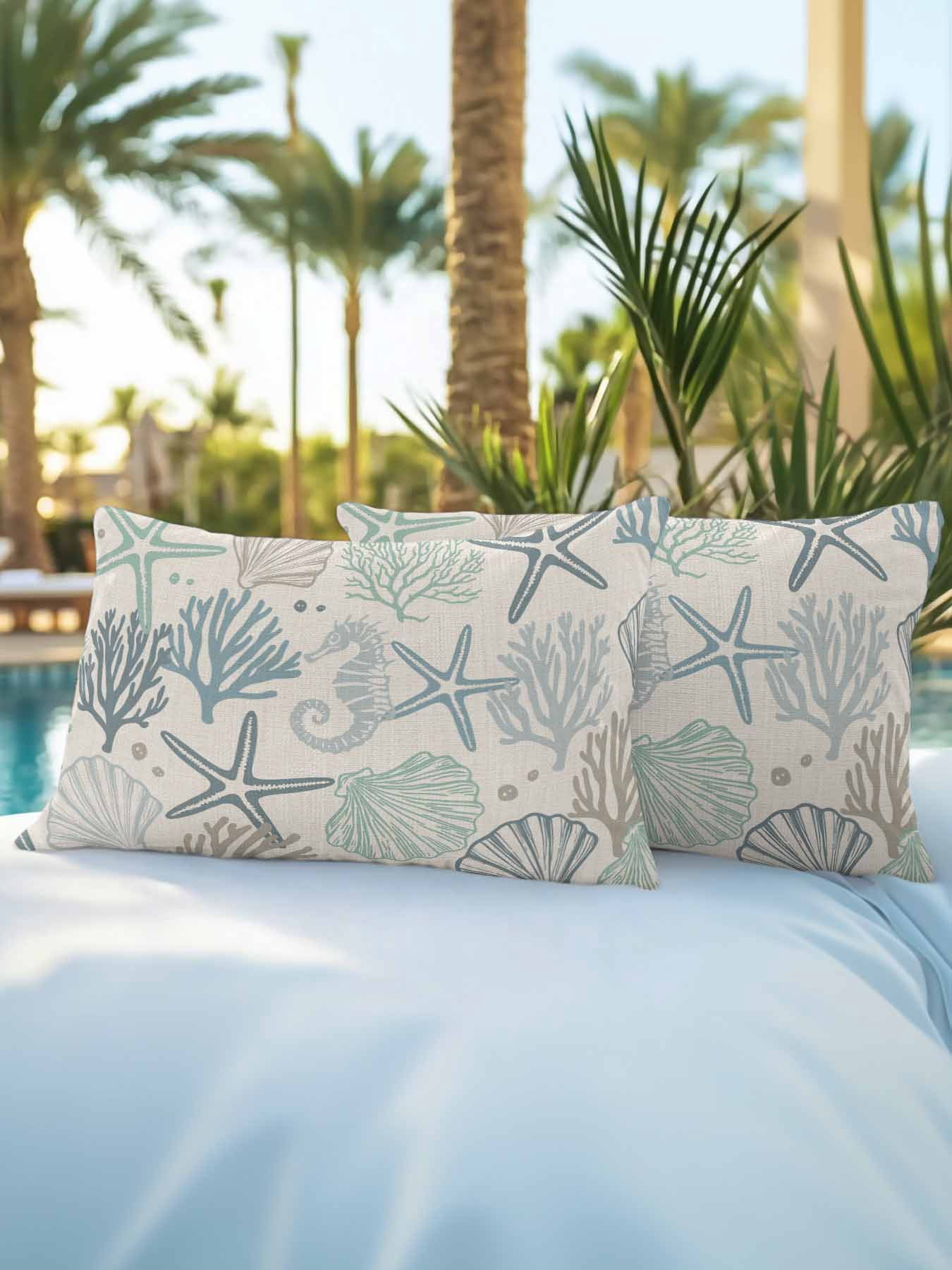 Waterproof Outdoor Throw Pillows with Inserts 12"x20" Set of 2,Aqua Teal Coastal Soft Decorative Pillowcases for Bedroom,Summer Beach Starfish Coral Nautical Rustic Pillow Covers for Sofa Living Room