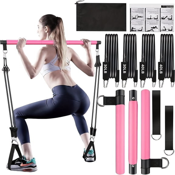 Pilates Bar Kit with 4 Resistance Bands (140 Lbs) - Portable Home Gym for Full Body Workouts, Men & Women