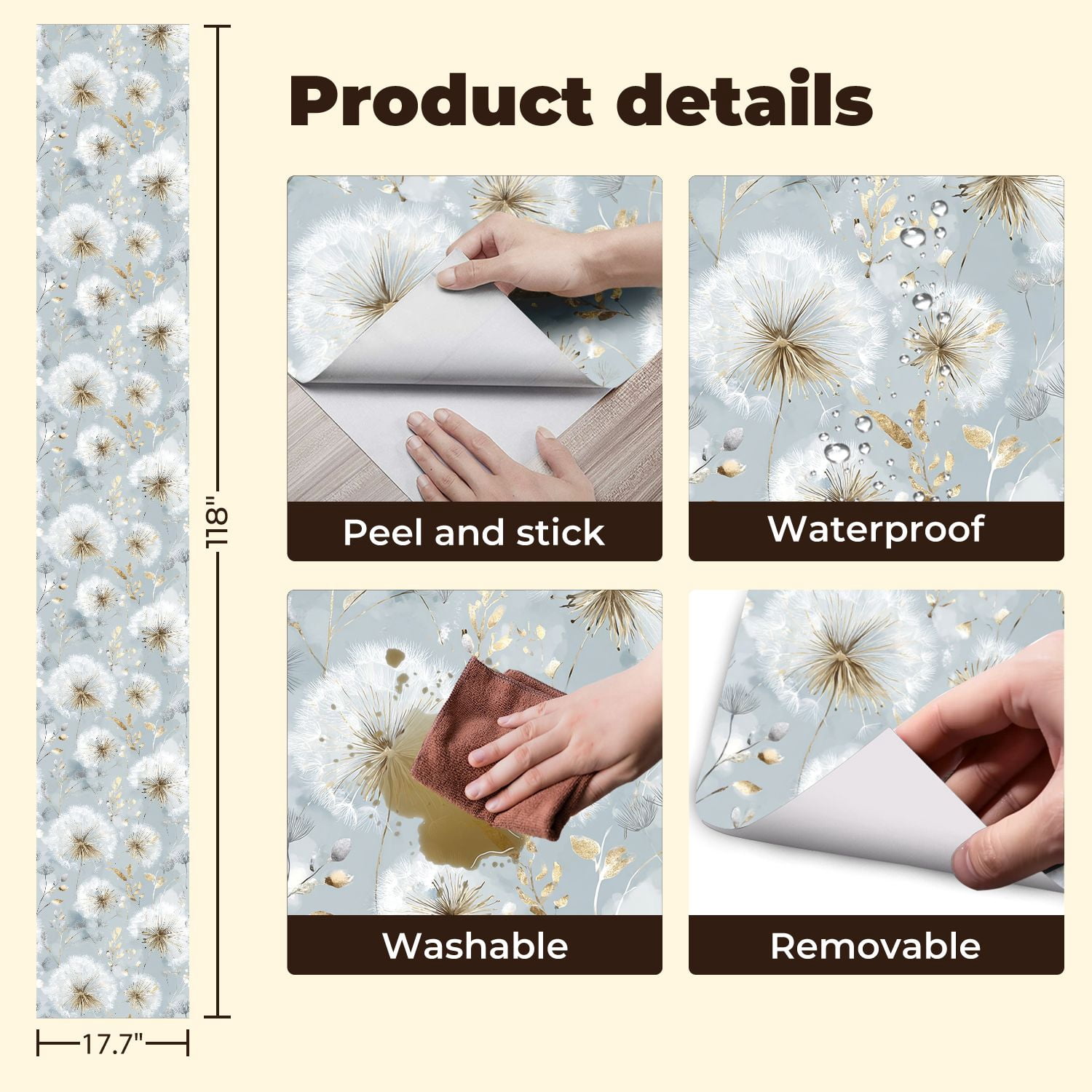 Boho Peel and Stick Wallpaper Delicate Dandelion Gold Floral Soft Blue Wall Mural 17.7in x 9.8ft Self Adhesive Removable Wall Paper Renter Friendly Wallpaper for Nursery Bedroom Cabinets