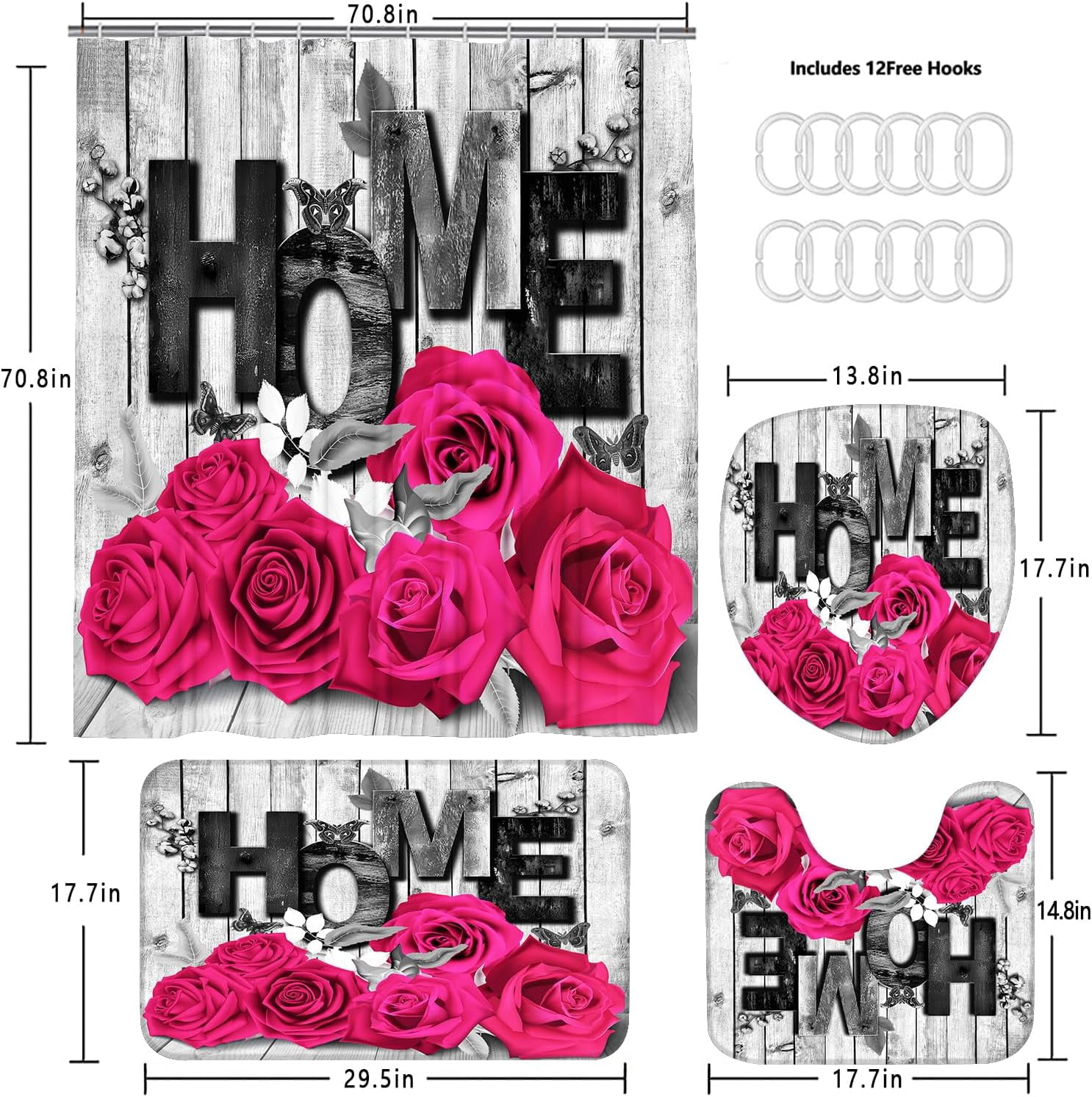 Red Rose 4 Pcs Shower Curtain Sets Non-Slip Rugs Bath Mat Toilet Cover U Shaped Mat Black Red Shower Curtain with 12 Hooks Red Rose Bathroom Set