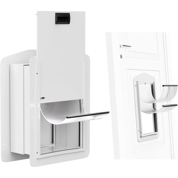 Double Flap Pet Door Through Door or Wall with Panel Closing Lock Large-White