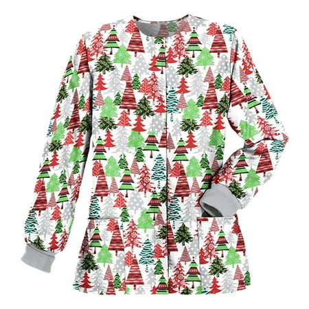 

purcolt Plus Size Christmas Scrub Tops for Women Casual Xmas Print Cardigan Long Sleeve Round Neck Professional Nursing Workwear Tunic Uniform Medical Blouse with Pocket